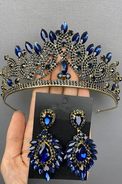Hobigram Coroană și cercei de mireasă cu henna din aur bleumarin pentru cele mai frumoase mirese – Coroană, piatră de cristal, model elegant – Coroană –