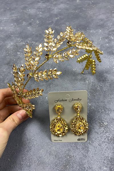 Hobigram Accesoriu de păr de mireasă cu ramuri de frunze de dilana de miere și set de cercei cu navetă pentru cele mai frumoase mirese – coroană – tiara