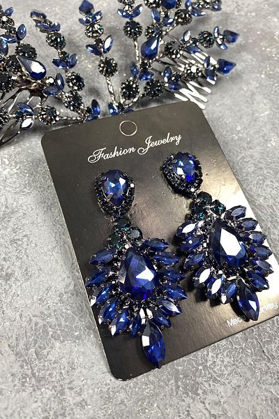 Hobigram To the Most Beautiful Brides Navy Blue Double Sided Helenist Bridal Hair Accessory and Shuttle Earring Set – Crown – Crown