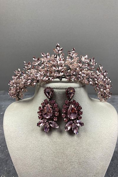 Hobigram Set de coroană și cercei cu piatră de henna de mireasă brodate cu mărgele roz Asleny pentru cele mai frumoase mirese – Coroană – Tiara