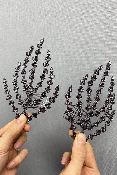 Hobigram Accesoriu de păr cu model de frunze violet pe două fețe Coroana Henna pentru cele mai frumoase mirese – Coroană, cu piatră de cristal – T