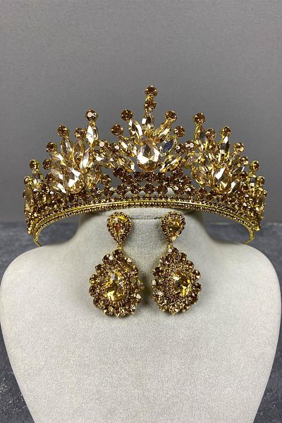Hobigram Cea mai frumoasa mireasa de culoare miere Pera Bridal Henna Tiara si cercei de seara cu picaturi – Coroana, Crystal Stone – Coroana –
