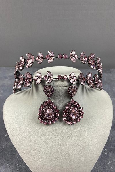Hobigram Set de coroană și cercei de mireasă cu două rânduri roz Alpha pentru cele mai frumoase mirese – coroană, piatră de cristal, modă elegantă