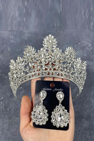 Hobigram Coroană de mireasă și cercei cu piatră de picătură Godiva din argint sterling pentru cele mai frumoase mirese – Coroană, piatră de cristal – Coroană –