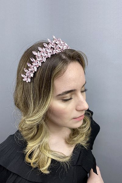 Hobigram Coroana de mireasa Henna model Subra roz pentru cele mai frumoase mirese – Coroana, cu pietre de cristal, model elegant, coroana de mireasa –