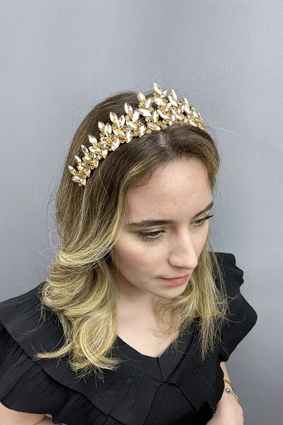 Hobigram Coroana de mireasa Henna model Subra galbena aurie pentru cele mai frumoase mirese – Coroana, cu pietre de cristal, model elegant – Coroana –