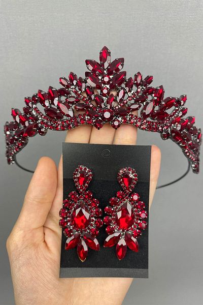 Hobigram Coroana și cercei de mireasă Henna model Berlin Burgundy pentru cele mai frumoase mirese – Coroană, piatră de cristal, model elegant – Ta