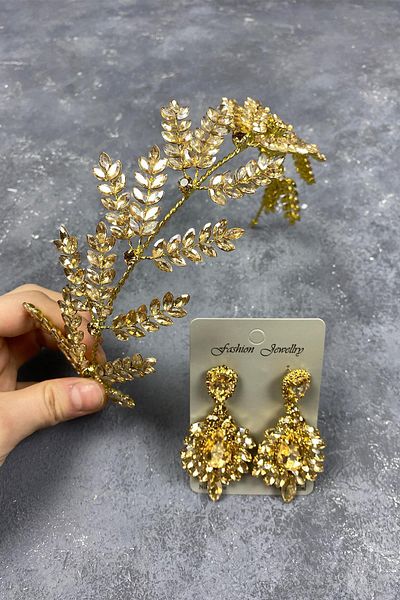Hobigram Accesoriu de păr de mireasă cu ramuri de frunze de dilana de miere și cercei cu pietre pentru cele mai frumoase mirese – coroană – tiara