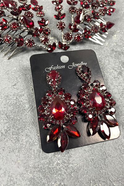 Hobigram Accesoriu de păr Helenist pentru mireasă cu două fețe bordeaux și cercei de seară cu pietre pentru cele mai frumoase mirese – Coroană – Tiara