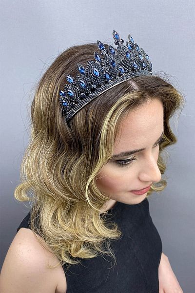 Hobigram Cea mai frumoasa mireasa Navy Blue Hera Model Bridal Henna Crown – Coroana, Crystal Stone, Model elegant, Tiara de mireasa