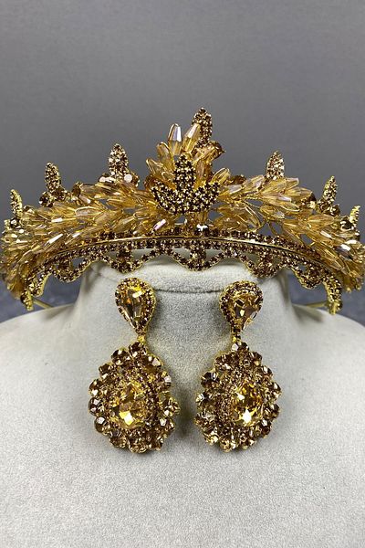 Hobigram Set de coroană și cercei de mireasă cu cristale Lena de culoare miere pentru cele mai frumoase mirese – coroană, piatră de cristal