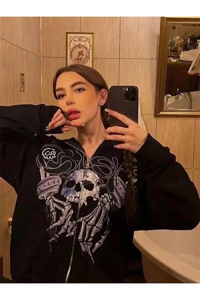 Planet Butik Cyber Punk Printed Oversize Zippered Black Unisex Hooded Cardigan