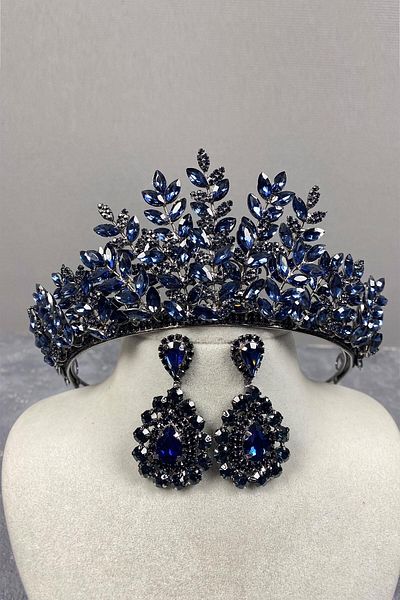 Hobigram Navy Blue Ezel 3D Bridal Henna Crown and Drop Stone Earring Set for the Most Beautiful Brides – Crown – Crown