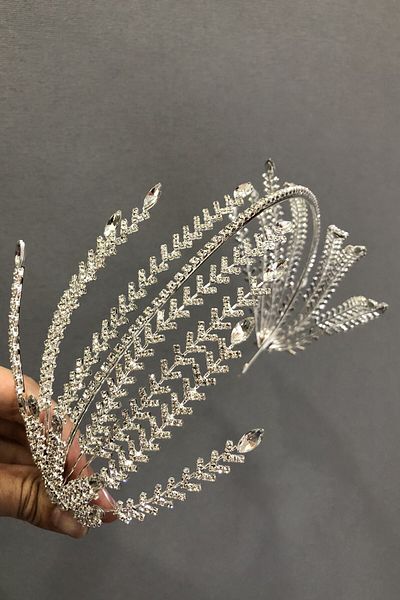 Hobigram Coroana de mireasa din argint sterling cu frunze de piatra alba pentru cei mai frumoși mireși – coroană, piatră de cristal, model elegant, coroană de mireasă