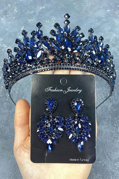 Hobigram Coroană și cercei cu henna de mireasă Pera bleumarin cu navetă pentru cele mai frumoase mirese – Coroană, piatră de cristal, model elegant –