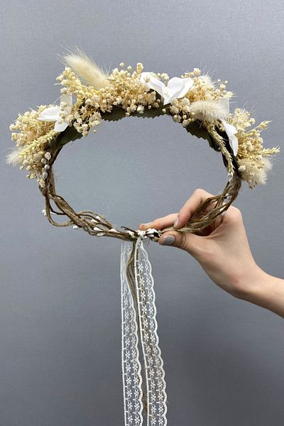 Hobigram Coroană de mireasă și accesoriu de păr cu design cu flori uscate pentru cele mai frumoase mirese – coroană, piatră de cristal, model elegant