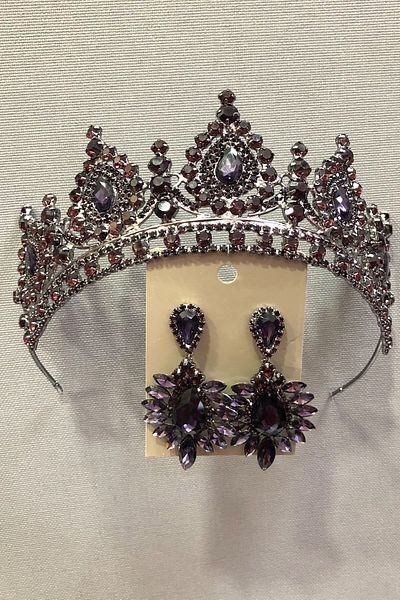 Hobigram Set de henna, coroană de mireasă și cercei cu carcasă metalică cu pietre de cristal violet pentru cele mai frumoase mirese – Crown – Crown