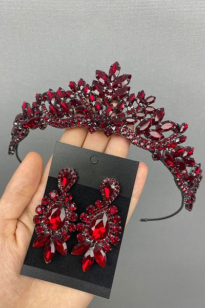 Hobigram Coroana și cercei de mireasă Henna model Berlin Burgundy pentru cele mai frumoase mirese – Coroană, piatră de cristal, model elegant – Ta