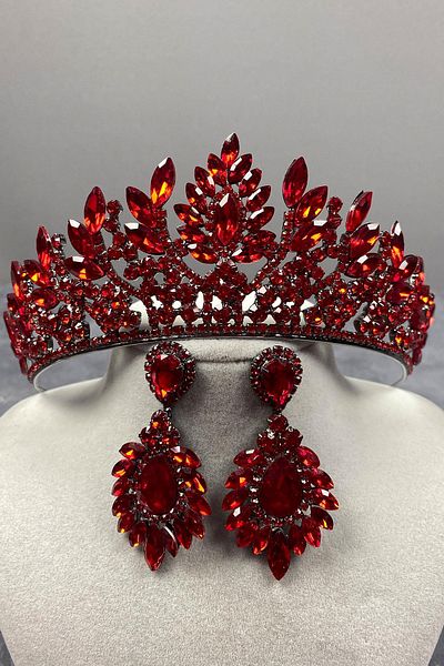 Hobigram Set de coroană și cercei de mireasă cu piatră roșie Danver pentru cele mai frumoase mirese – coroană, piatră de cristal, modă elegantă
