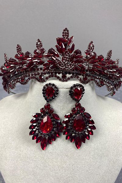 Hobigram Set de coroană și cercei de mireasă cu cristale Lena Burgundy pentru cele mai frumoase mirese – Coroană, piatră de cristal – Ta