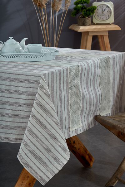 vivamaison Washed Cotton Burgundy Striped Ruched Tablecloth