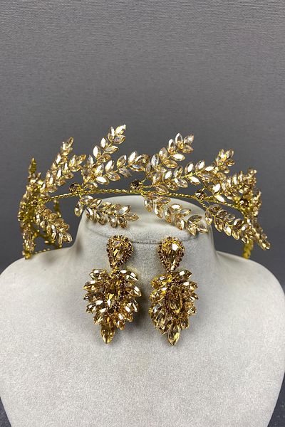 Hobigram Accesoriu de păr de mireasă cu ramuri de frunze de dilana de miere și cercei cu navetă pentru cele mai frumoase mirese – coroană – tiara