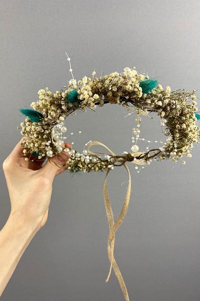 Hobigram Water Green Cream Chipsolu Pearl and Cotton Grass Bridal Outdoor Shooting Crown for the Most Beautiful Brides – Crown – Crown