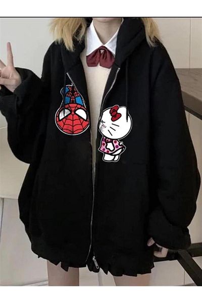 Planet Butik Spider Kitty Printed Oversize Zippered Black Unisex Hooded Cardigan