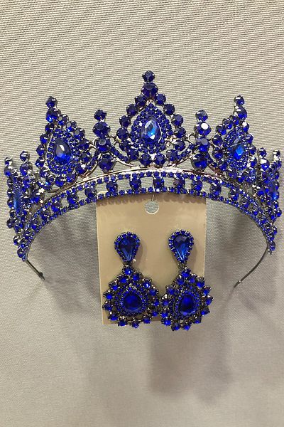 Hobigram Set Henna, Tiara Mireasa Si Cercei Cu Carcasa Metalica Cu Cristale Albastru Marin pentru Cele mai Frumoase Mirese – Coroana – Coroana