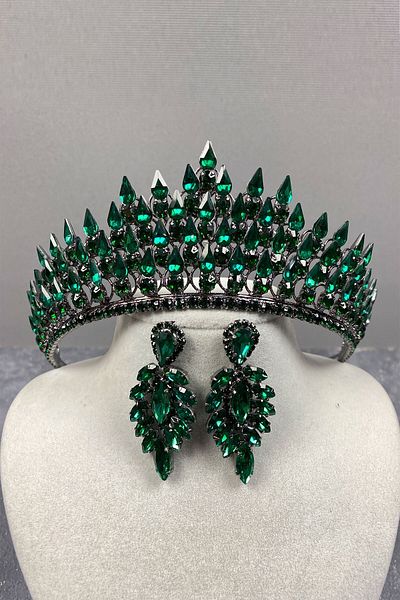 Hobigram Green Drop 3D Bridal Henna Crown și set de cercei cu pietre pentru cele mai frumoase mirese – Coroană, Crystal Stone –