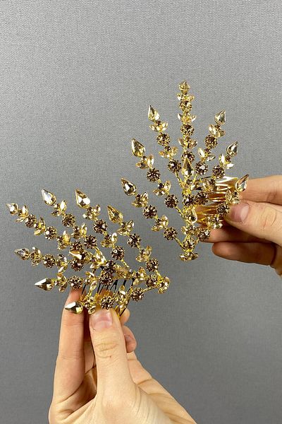 Hobigram Honey Color Double Sided Helenist Bridal Hair Accessory for the Most Beautiful Brides – Crown, Crystal Stone – Crown –