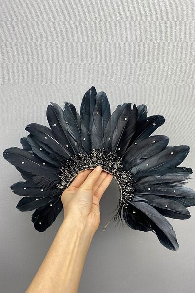 Hobigram Coroana de mireasa Henna cu pene si margele pentru cei mai frumoși mireși – Coroană, piatră de cristal, model elegant, coroană de mireasă –