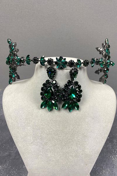 Hobigram Set de coroană și cercei cu henna pentru mireasă cu două fețe Helenist verde pentru cele mai frumoase mirese – Coroană – Tiara
