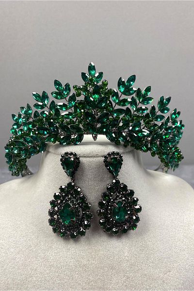 Hobigram Set de coroană și cercei de mireasă cu mărgele verde Asleny brodate și piatră pentru cele mai frumoase mirese – Coroană – Coroană