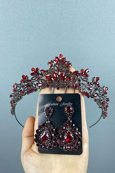Hobigram Coroană de mireasă Melis Burgundy și cercei cu pietre prețioase pentru cele mai frumoase mirese – Coroană, piatră de cristal, model elegant