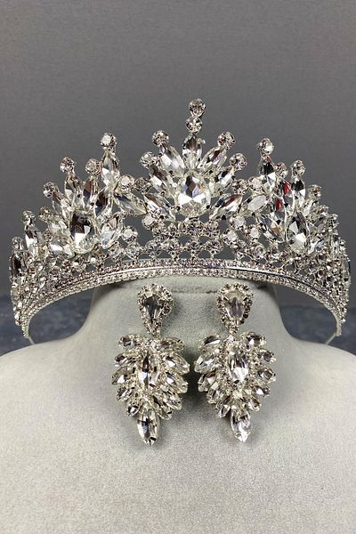 Hobigram Coroană de mireasă și cercei cu navetă Pera din argint sterling pentru cele mai frumoase mirese – coroană, piatră de cristal, model elegant, coroană de mireasă