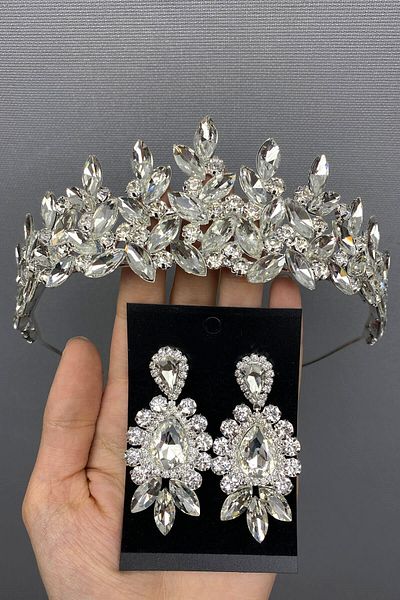 Hobigram Coroană și cercei de mireasă Subra de culoare argintie pentru cele mai frumoase mirese – Coroană, piatră de cristal, model elegant, coroană de mireasă