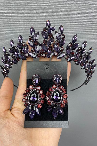 Hobigram Purple Subra Bridal Henna Tiara și cercei pentru cele mai frumoase mirese – Coroană, piatră de cristal, model elegant, tiara de mireasă –
