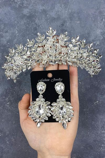 Hobigram Set de coroană și cercei de mireasă cu mărgele Asleny din argint sterling pentru cele mai frumoase mirese – coroană, cu piatră de cristal – coroană