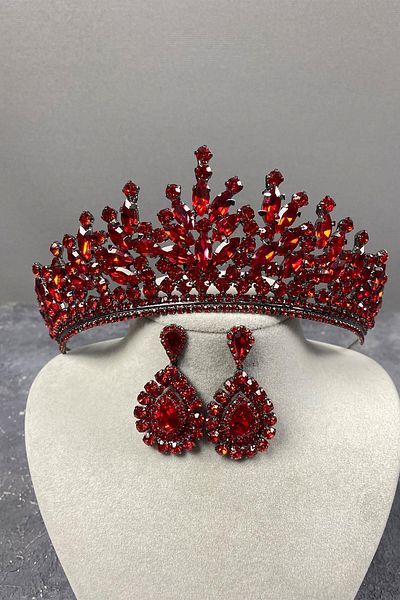 Hobigram Set de coroană de mireasă și cercei de seară cu piatră roșie Rio pentru cele mai frumoase mirese – coroană, piatră de cristal – coroană