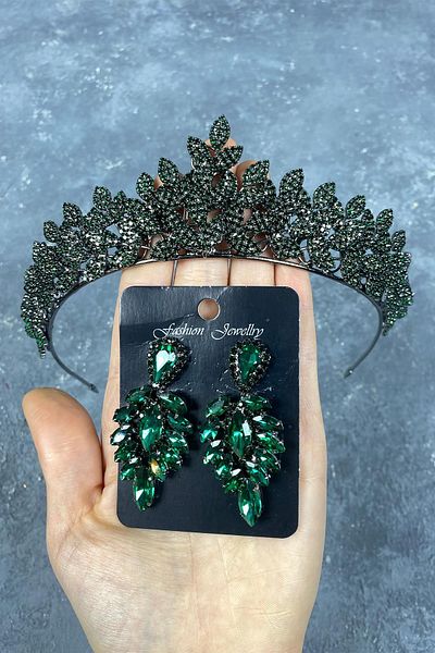 Hobigram Green Sara Set de coroană și cercei de mireasă Henna cu pietre prețioase pentru cele mai frumoase mirese – Coroană, cu pietre de cristal – T