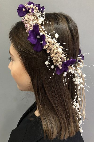Hobigram Coroană cu flori uscate cu chipsuri mov și hortensie pentru cele mai frumoase mirese – Coroană, piatră de cristal, model elegant – Coroană