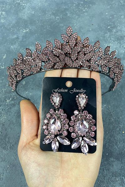 Hobigram Pink Sara Sık Stone Bridal Henna Crown și cercei pentru cele mai frumoase mirese – Coroană, Crystal Stone, Model elegant –