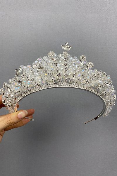 Hobigram Coroana de mireasa Ahbahar de culoare argintie pentru cele mai frumoase mirese – Coroana, cu piatra de cristal, model elegant, coroana de mireasa – coroana