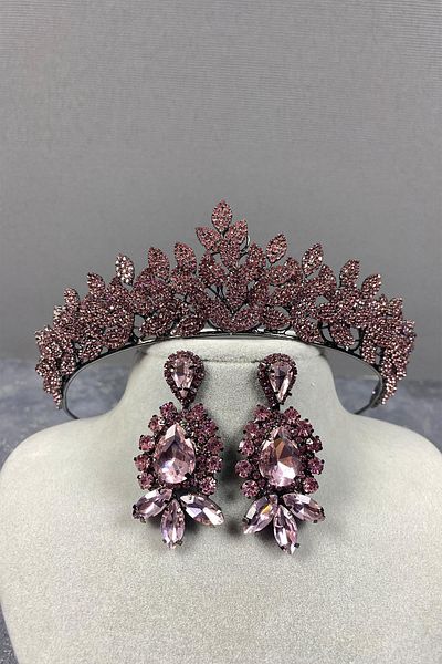 Hobigram Pink Sara Sık Stone Bridal Henna Crown și cercei pentru cele mai frumoase mirese – Coroană, Crystal Stone, Model elegant –