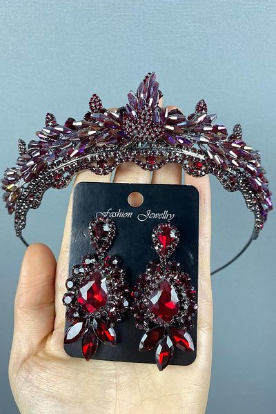 Hobigram Set de coroană de mireasă și cercei cu pietre de henna cu cristale Lena, culoare burgundă, pentru cele mai frumoase mirese – Coroană – Tiara