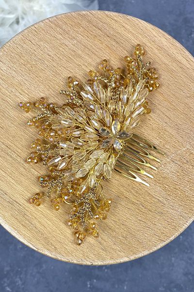 Hobigram Accesoriu pentru păr de mireasă cu pieptene lateral brodat cu cristal de culoarea mierei pentru cele mai frumoase mirese – Coroană – Tiara