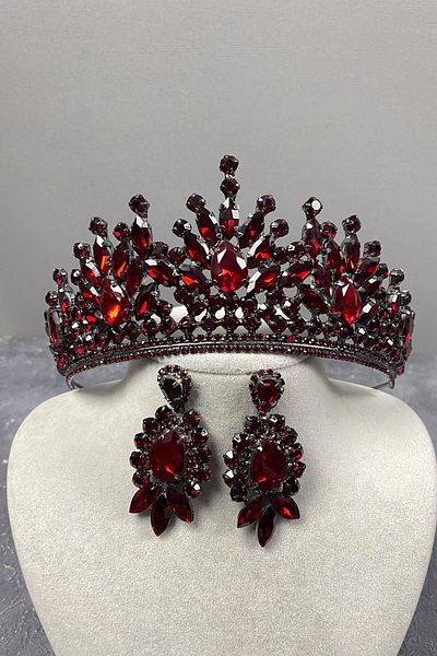 Hobigram Coroana de mireasa Henna Rio Stone Burgundy si cercei cu model de navetă pentru cele mai frumoase mirese – Coroană, piatră de cristal – Coroană