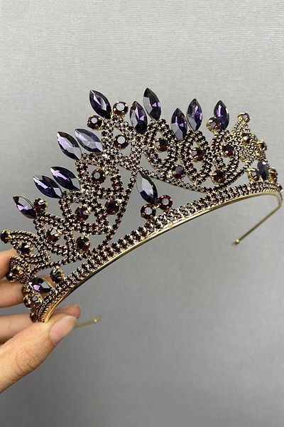 Hobigram Coroana de mireasa din aur violet pentru cele mai frumoase mirese – Coroana, cu piatra de cristal, model elegant, coroana de mireasa – Coroana – Coroana
