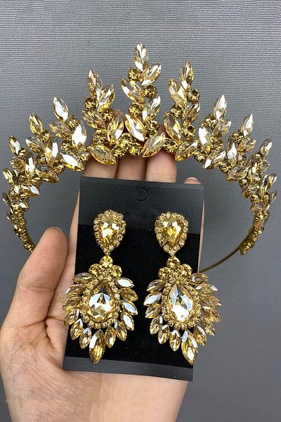 Hobigram Coroană și cercei de mireasă Subra Henna de culoare miere pentru cele mai frumoase mirese – Coroană, piatră de cristal, model elegant – Coroană –